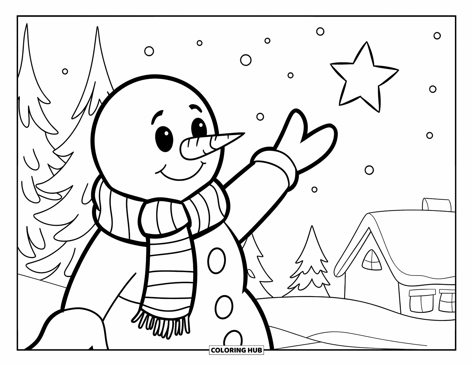 Kolorowanka z bałwanem dla dzieci: Wesoły bałwan w szaliku wyciąga się w stronę świecącej gwiazdy, z drzewami i przytulnym domkiem w tle