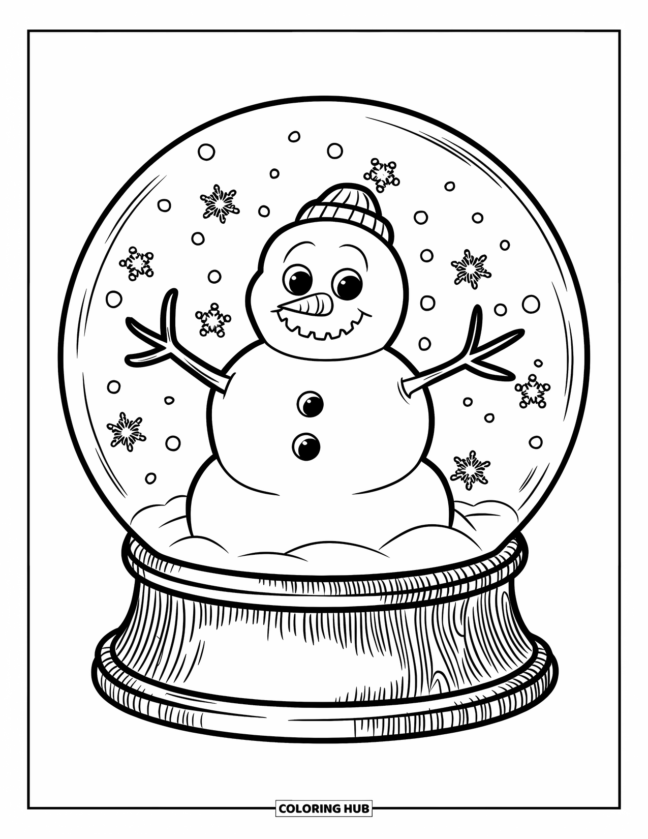 Kolorowanka z bałwanem dla dzieci: Okrągły bałwan siedzi wewnątrz śnieżnej kuli, a wokół niego spadają drobne płatki śniegu