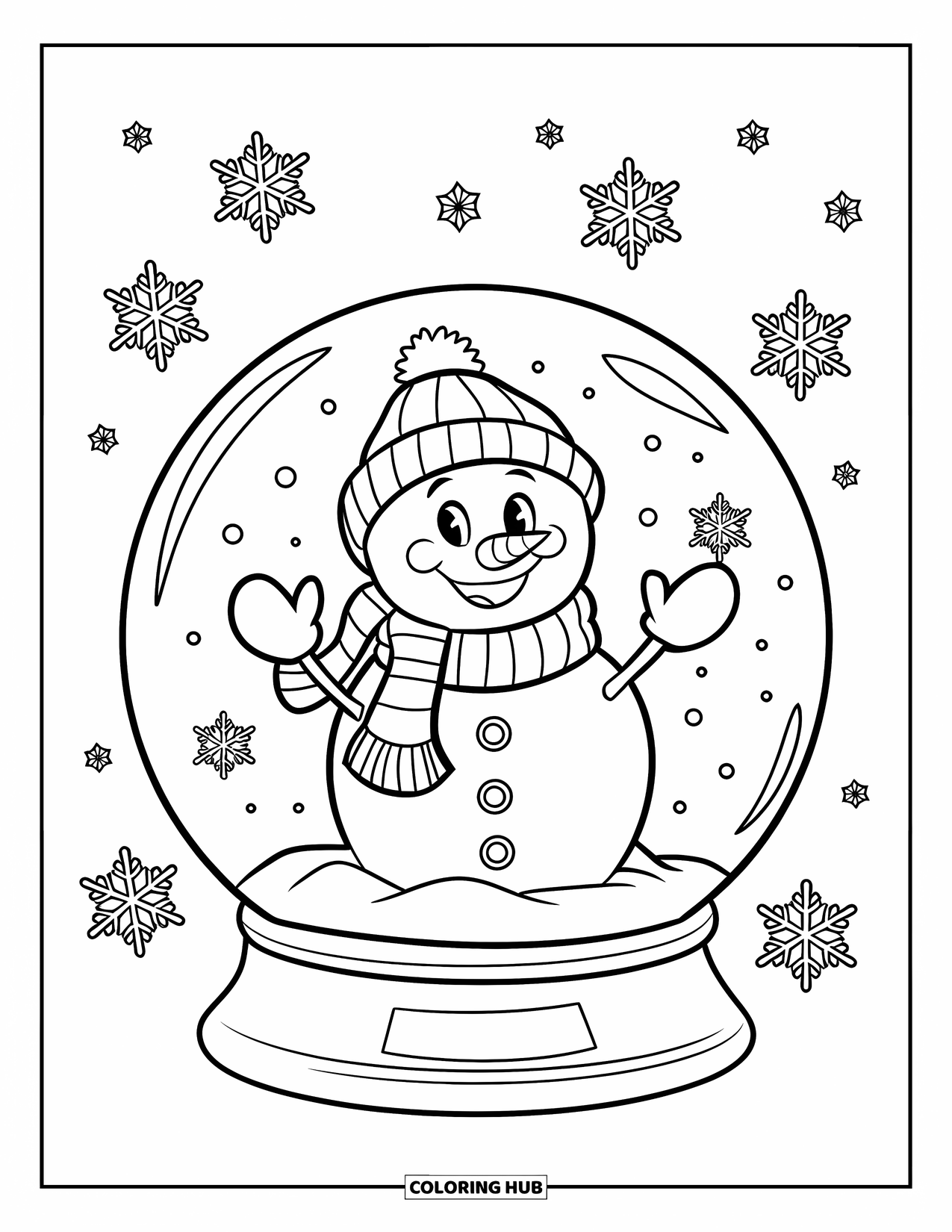 Kolorowanka z bałwanem dla dzieci: Uśmiechnięty bałwan w zimowych ubraniach stoi wewnątrz śnieżnej kuli, gdy delikatnie spadają płatki śniegu