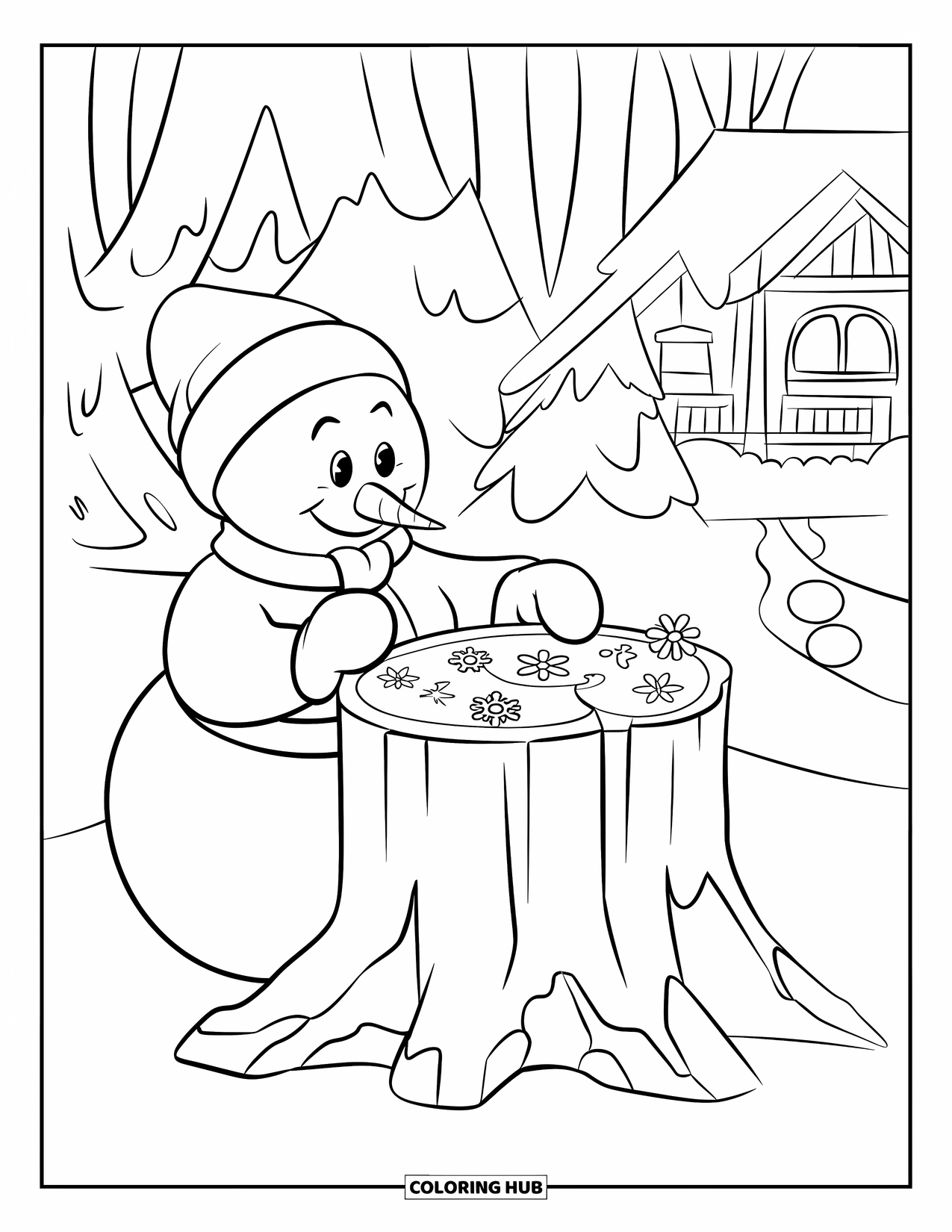 Kolorowanka z bałwanem dla dzieci: Bałwan starannie dekoruje pień drzewa kwiatami, otoczony śnieżnym krajobrazem i odległym domem