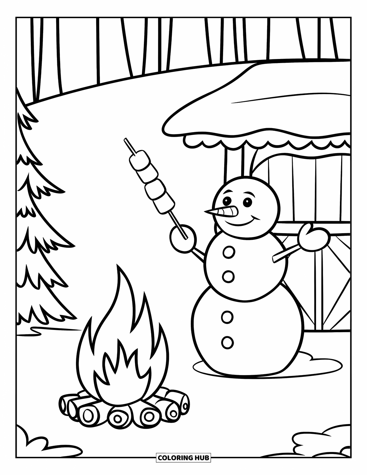 Kolorowanka z bałwanem dla dzieci: Bałwan cieszy się cichą zimową nocą, piekąc pianki nad ogniskiem z drzewami w tle