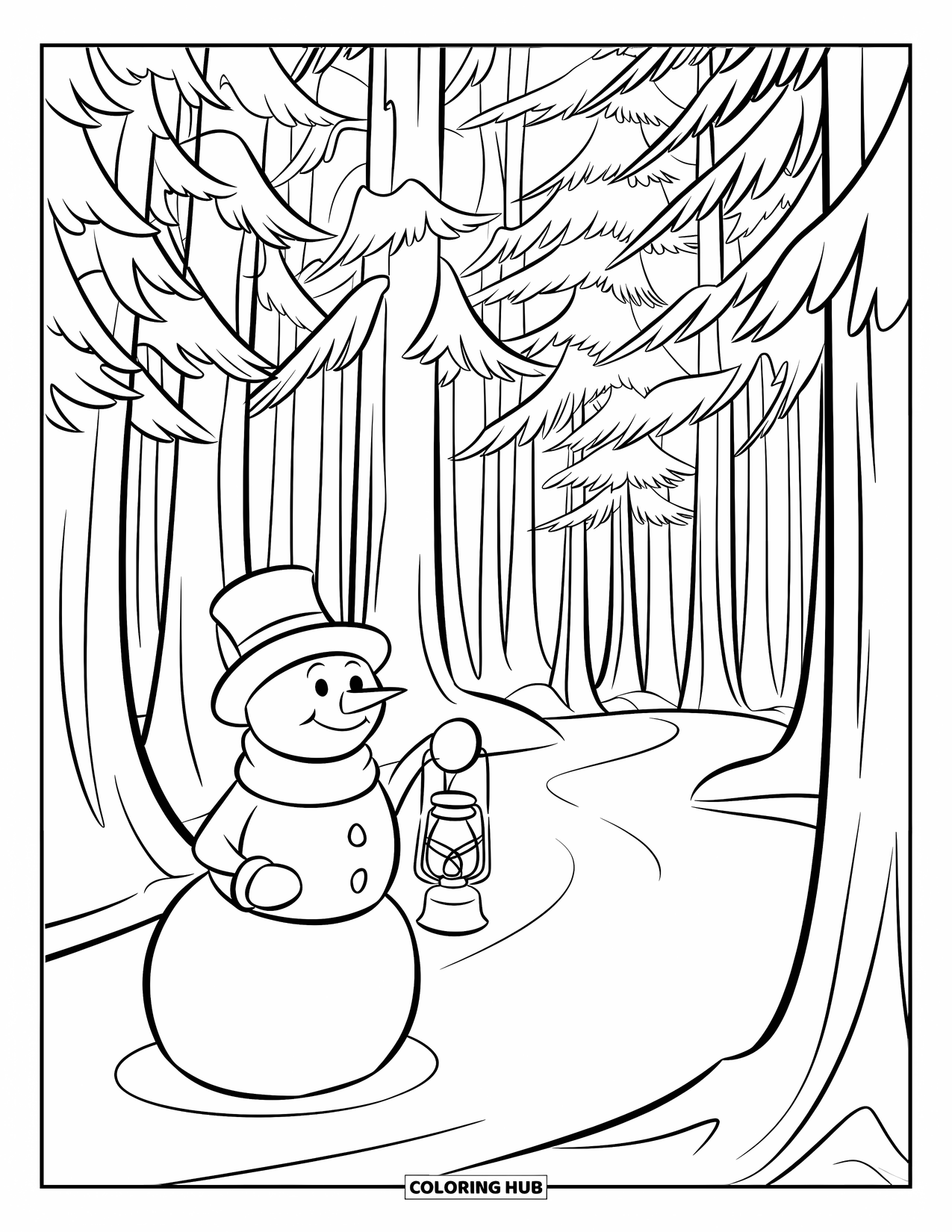 Kolorowanka z bałwanem dla dzieci: Bałwan trzymający latarnię oświetla zaśnieżoną ścieżkę, otoczony wysokimi, szczegółowymi drzewami
