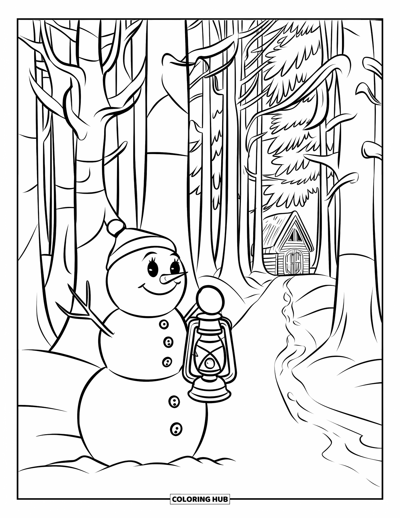 Kolorowanka z bałwanem dla dzieci: Bałwan trzymający latarnię stoi na ośnieżonej ścieżce prowadzącej do odległej chaty wśród wysokich drzew