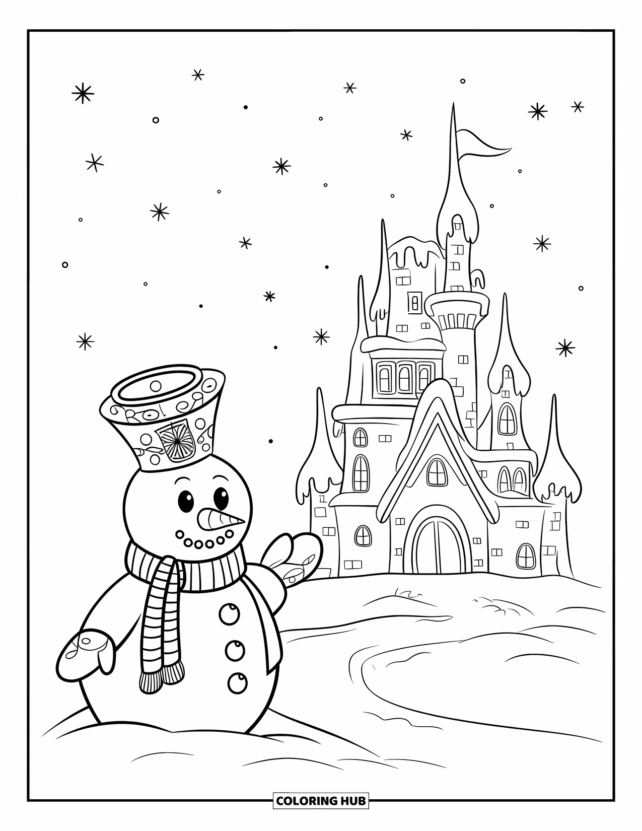 Kolorowanka z bałwanem dla dzieci: Bałwan w płaszczu i szaliku stoi obok świecącego zamku, pod czystym, gwiaździstym zimowym niebem