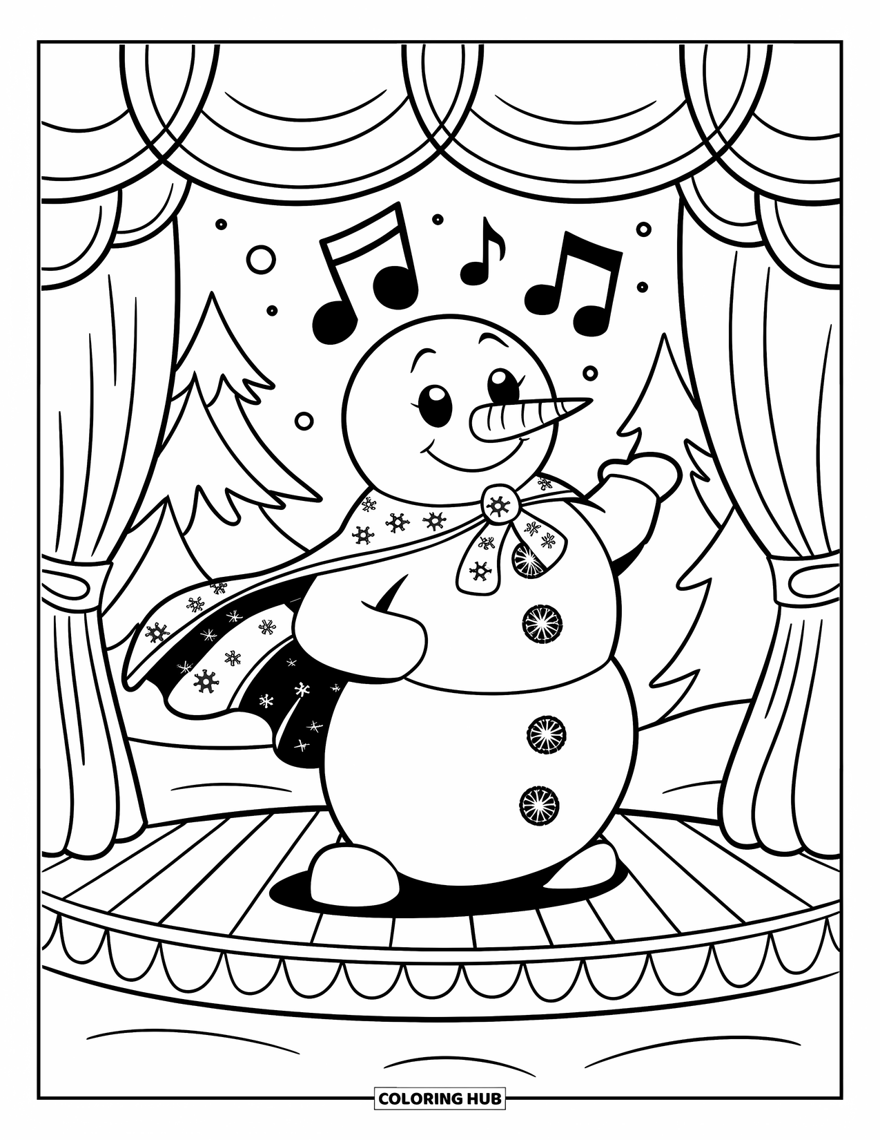 Kolorowanka z bałwanem dla dzieci: Bałwan w powiewającej pelerynie stoi na małej scenie, śpiewając z nutami muzycznymi unoszącymi się nad nim