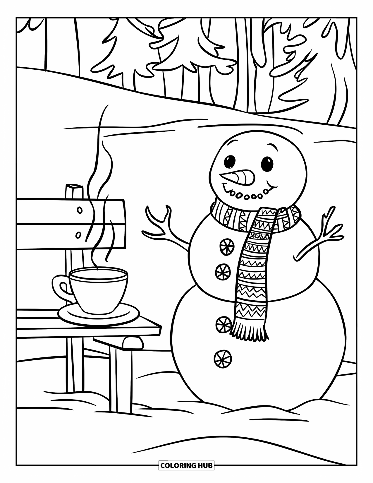 Kolorowanka z bałwanem dla dzieci: Bałwan w wzorzystym szaliku stoi obok drewnianej ławki z parującym kubkiem w zaśnieżonym krajobrazie