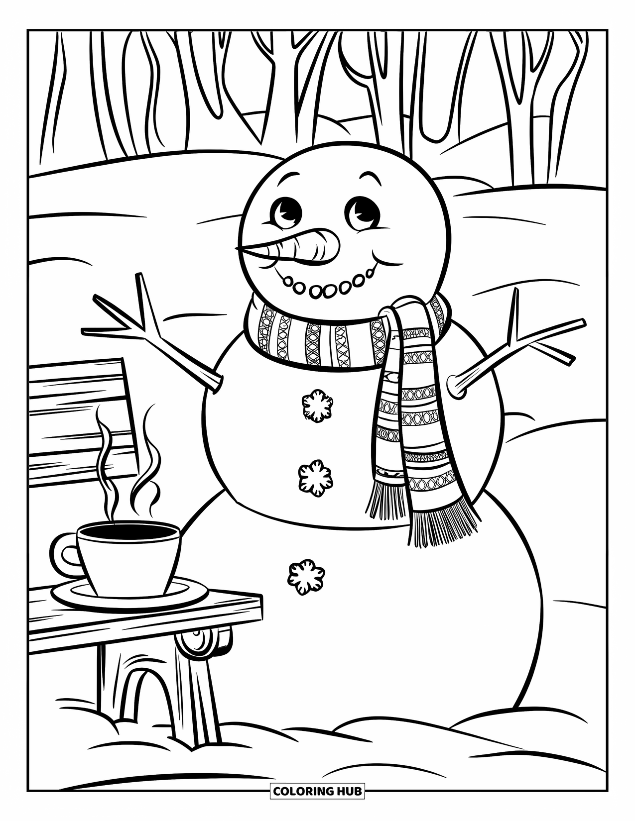 Kolorowanka z bałwanem dla dzieci: Bałwan w wzorzystym szaliku stoi obok drewnianej ławki z parującym kubkiem w zimowym powietrzu