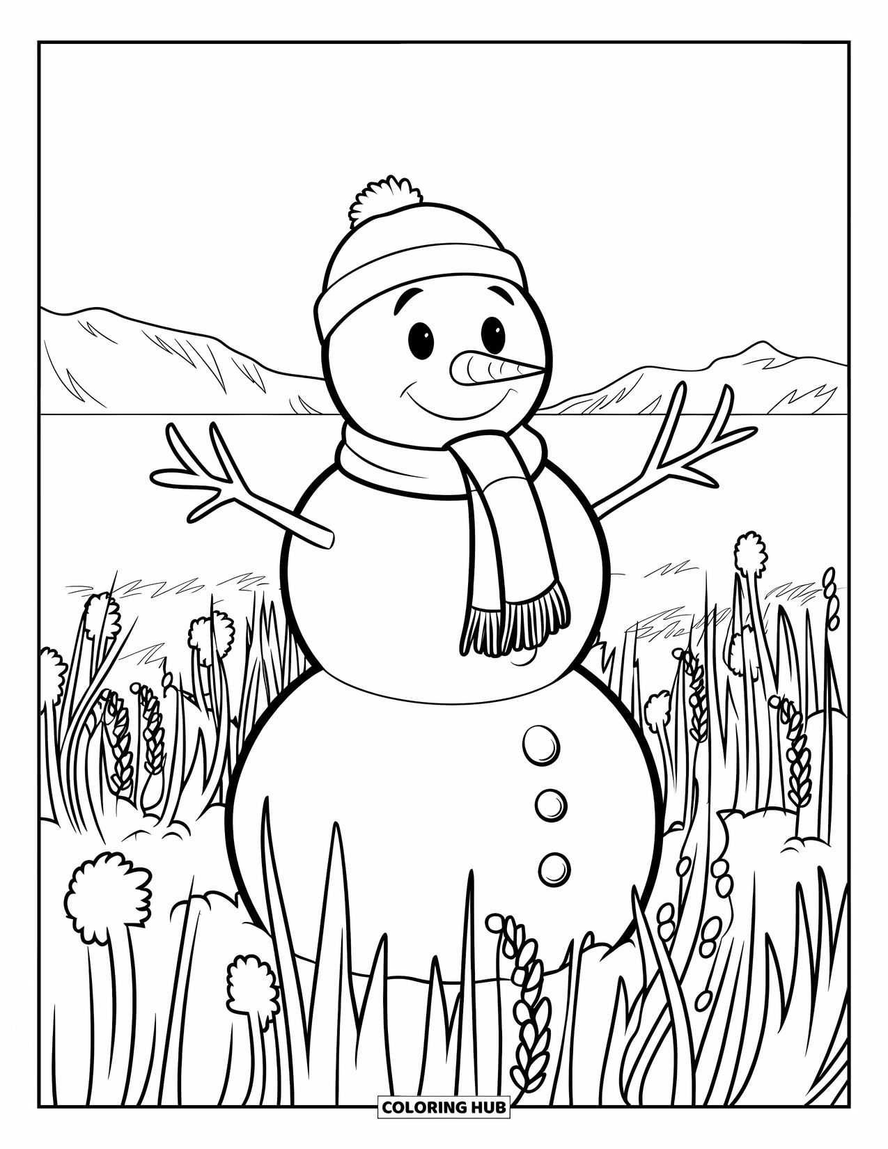 Kolorowanka z bałwanem dla dzieci: Bałwan w szaliku i kapeluszu stoi na polu zamarzniętej trawy, wpatrując się w odległe góry