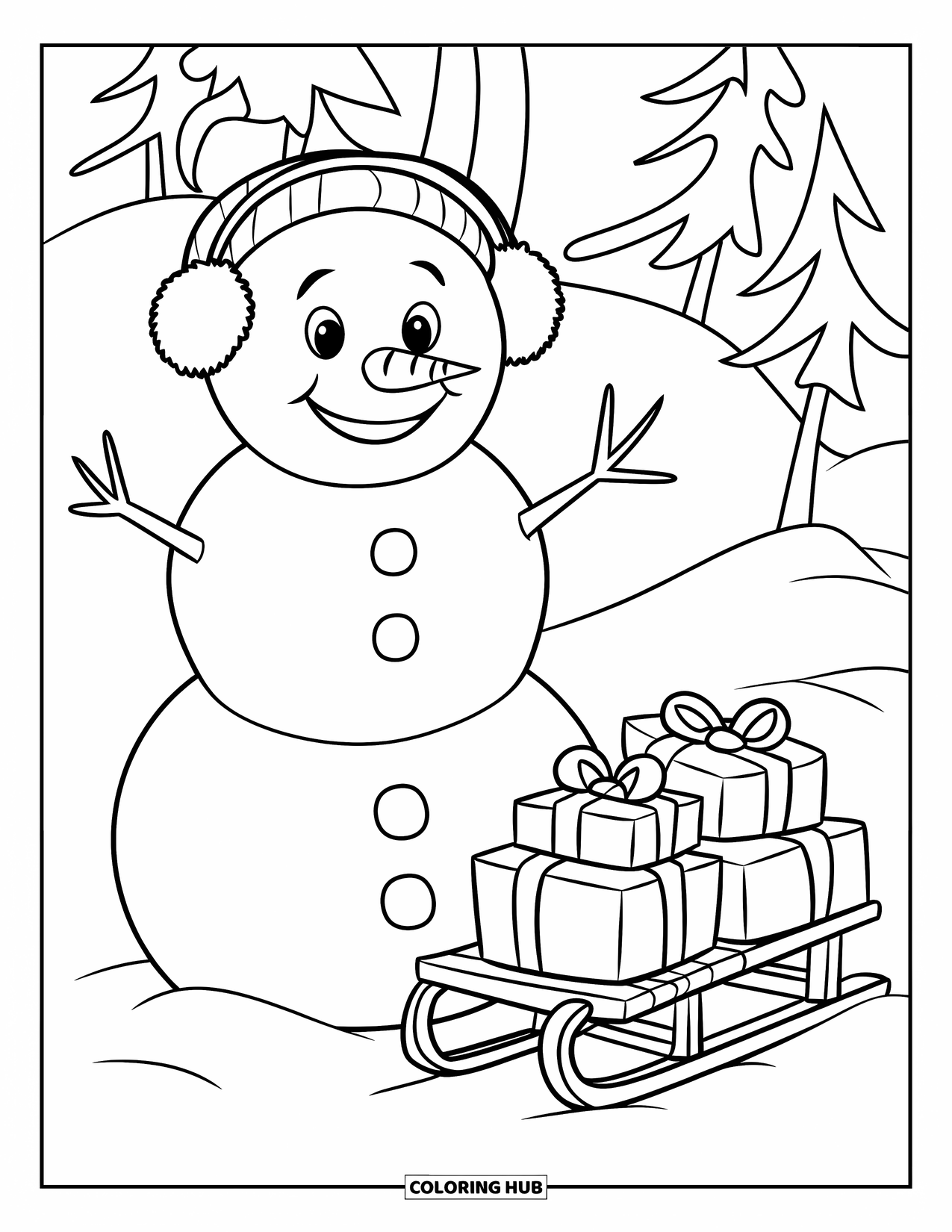 Kolorowanka z bałwanem dla dzieci: Bałwan w nausznikach stoi obok sanek wypełnionych zapakowanymi prezentami w śnieżnym krajobrazie