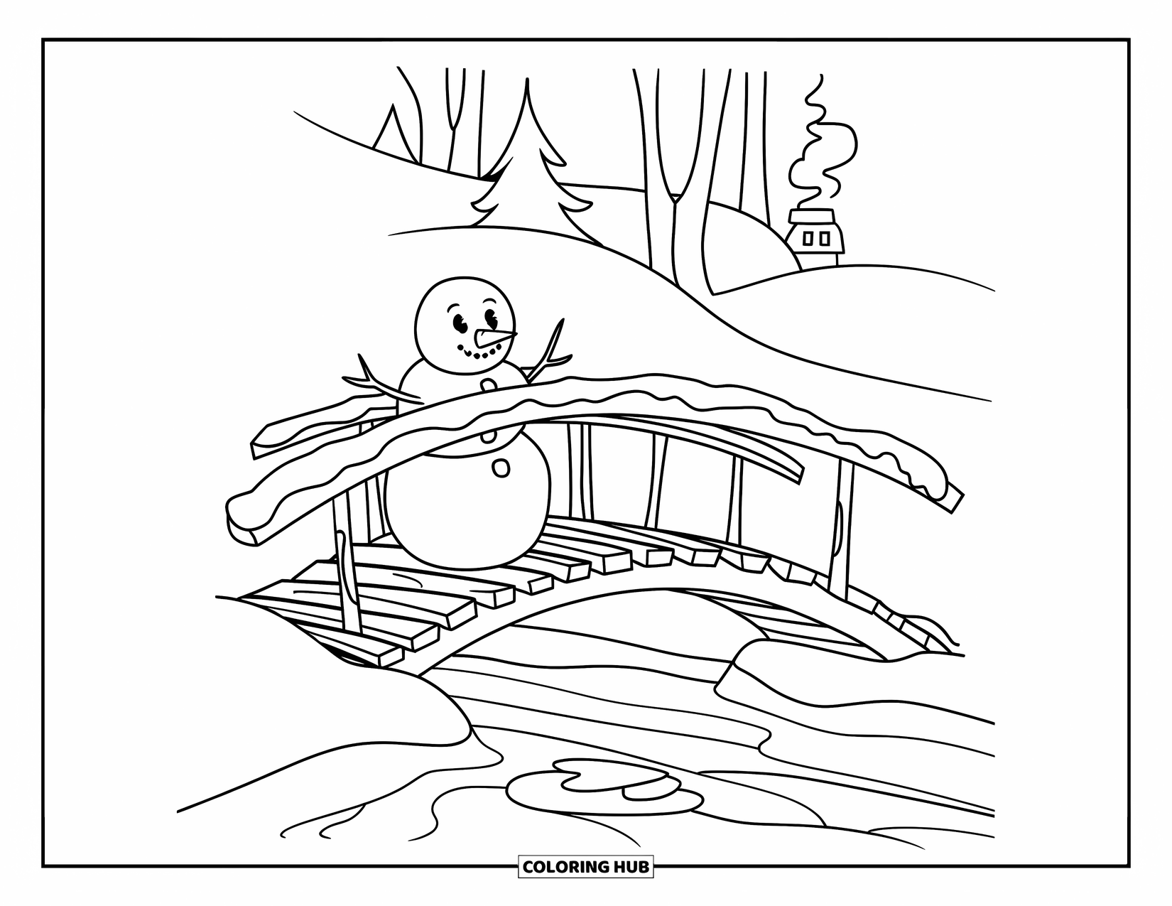 Kolorowanka z bałwanem dla dzieci: Bałwan opiera się o barierkę drewnianego mostu, obserwując zamarzniętą rzekę poniżej w zimowym krajobrazie