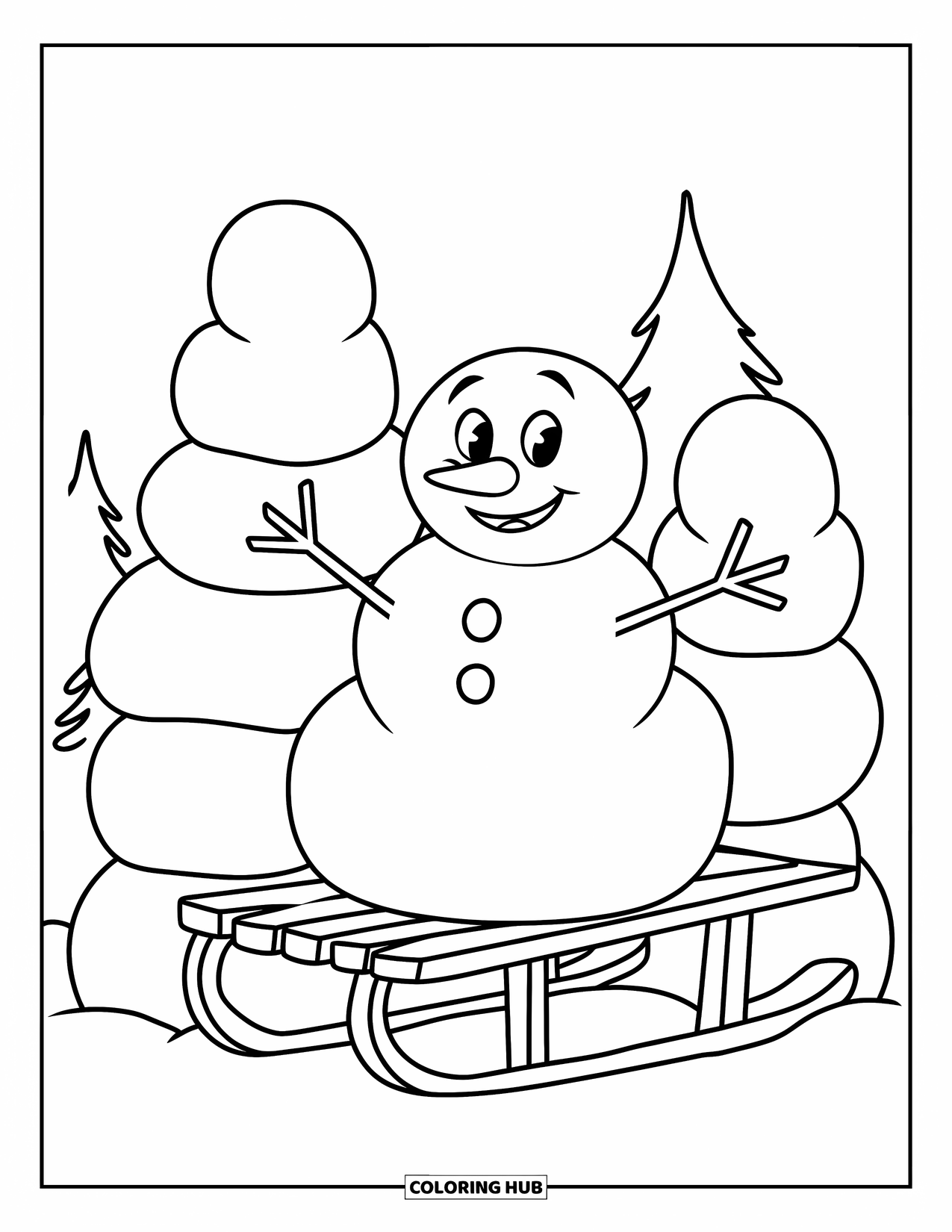 Kolorowanka z bałwanem dla dzieci: Bałwan na sankach uśmiecha się z podekscytowaniem, otoczony drzewami i stertami śnieżek
