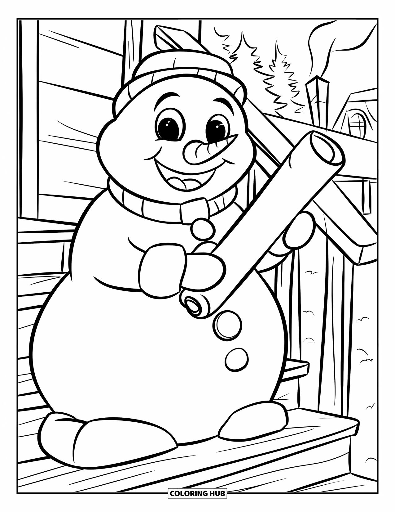 Kolorowanka z bałwanem dla dzieci: Bałwan siedzi na drewnianym stopniu, trzymając zwinięty zwój, z przytulnym domem w tle