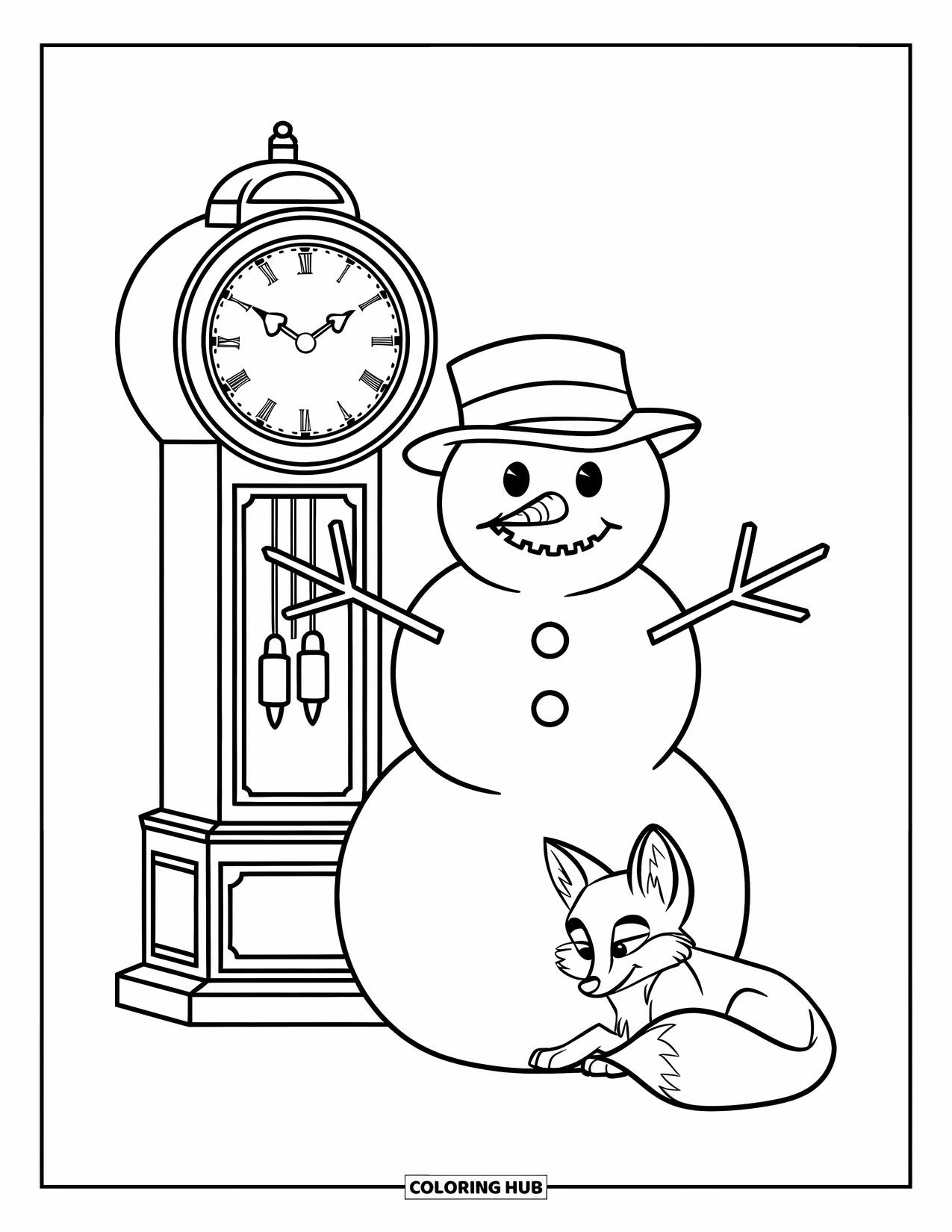 Kolorowanka z bałwanem dla dzieci: Bałwan stoi obok staromodnego zegara, a mały lis zwinięty w kłębek w pobliżu w śniegu