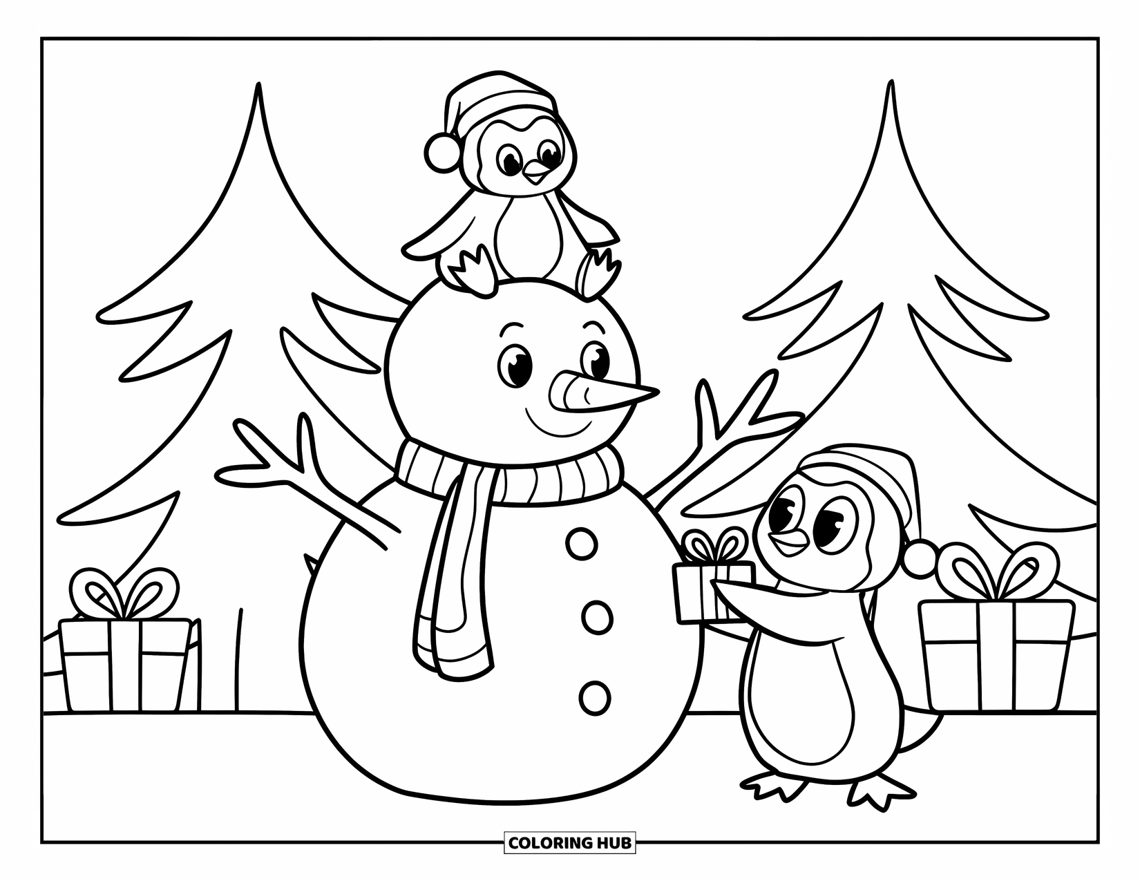 Kolorowanka z bałwanem dla dzieci: Bałwan otoczony choinkami i prezentami cieszy się niespodziewanym prezentem od małego pingwina