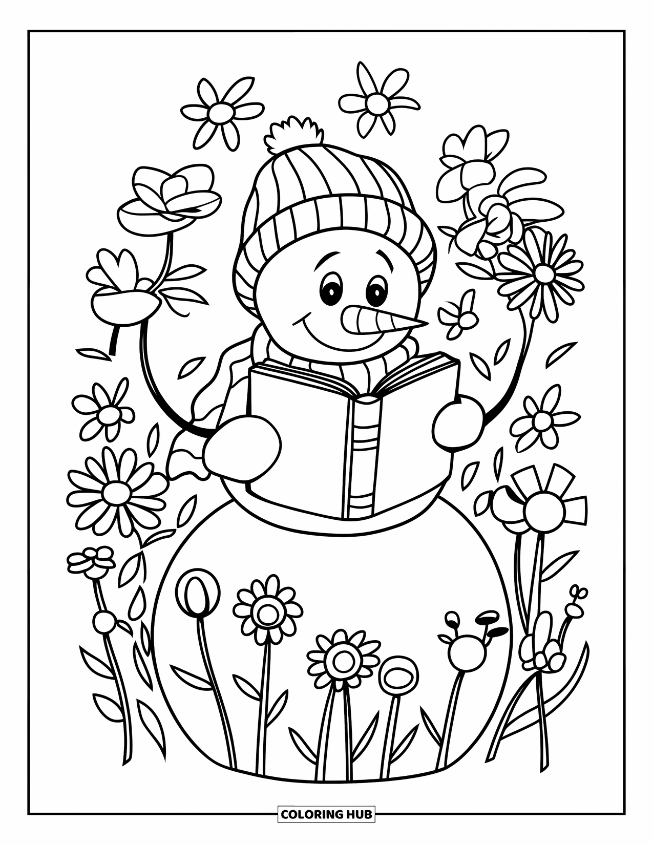 Kolorowanka z bałwanem dla dzieci: Bałwan otoczony kwiatami trzyma książkę, jakby czytał przytulną zimową historię