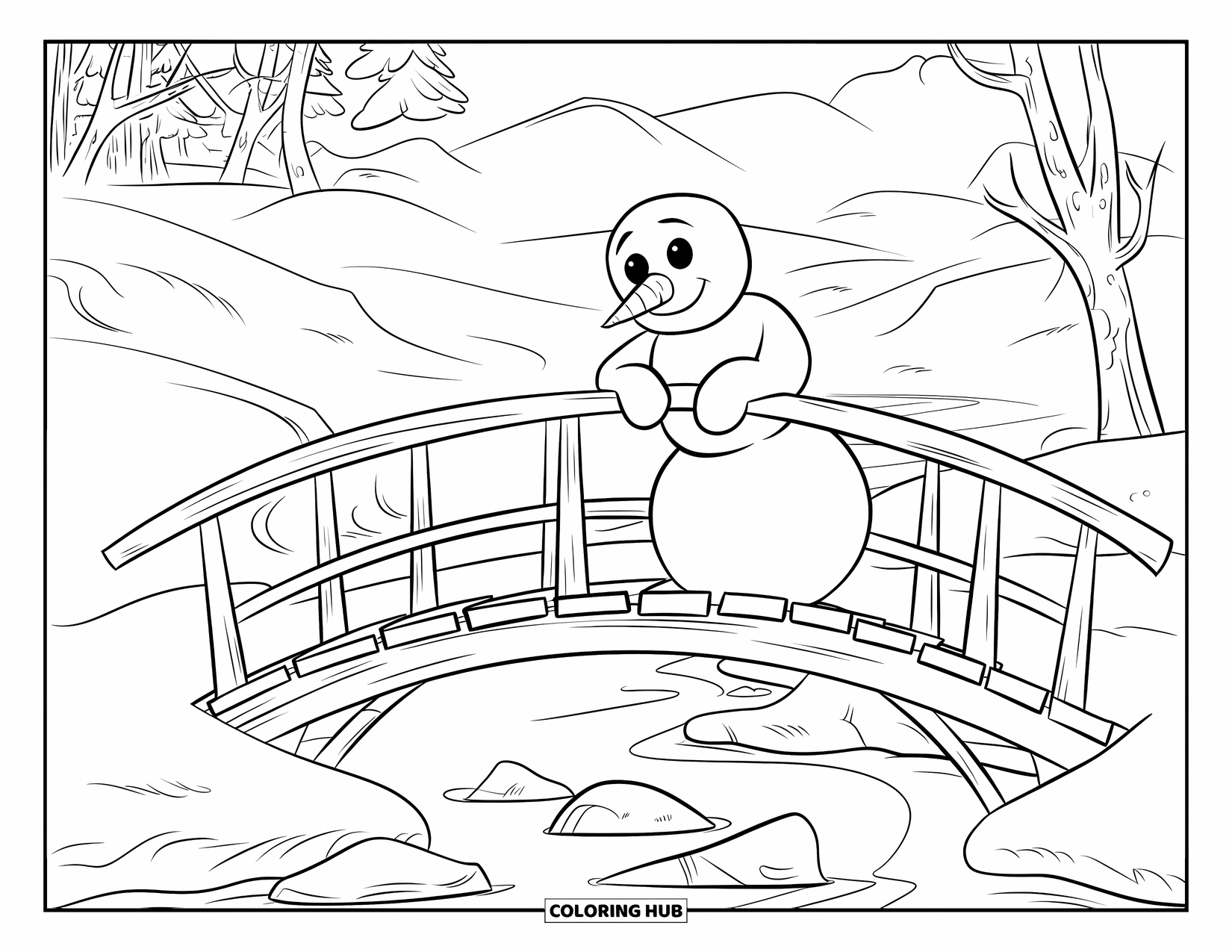 Kolorowanka z bałwanem dla dzieci: Bałwan w szaliku stoi na drewnianym moście, wpatrując się w lodowatą rzekę otoczoną drzewami