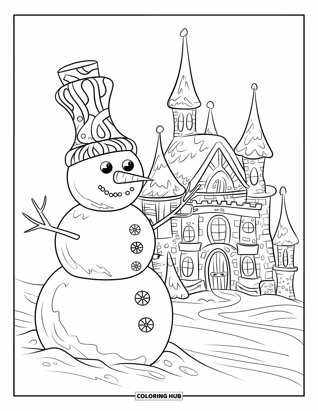 Kolorowanka z bałwanem dla dzieci: Bałwan z unikalnym cylindrem stoi obok wspaniałego, pokrytego śniegiem zamku ze świecącymi oknami