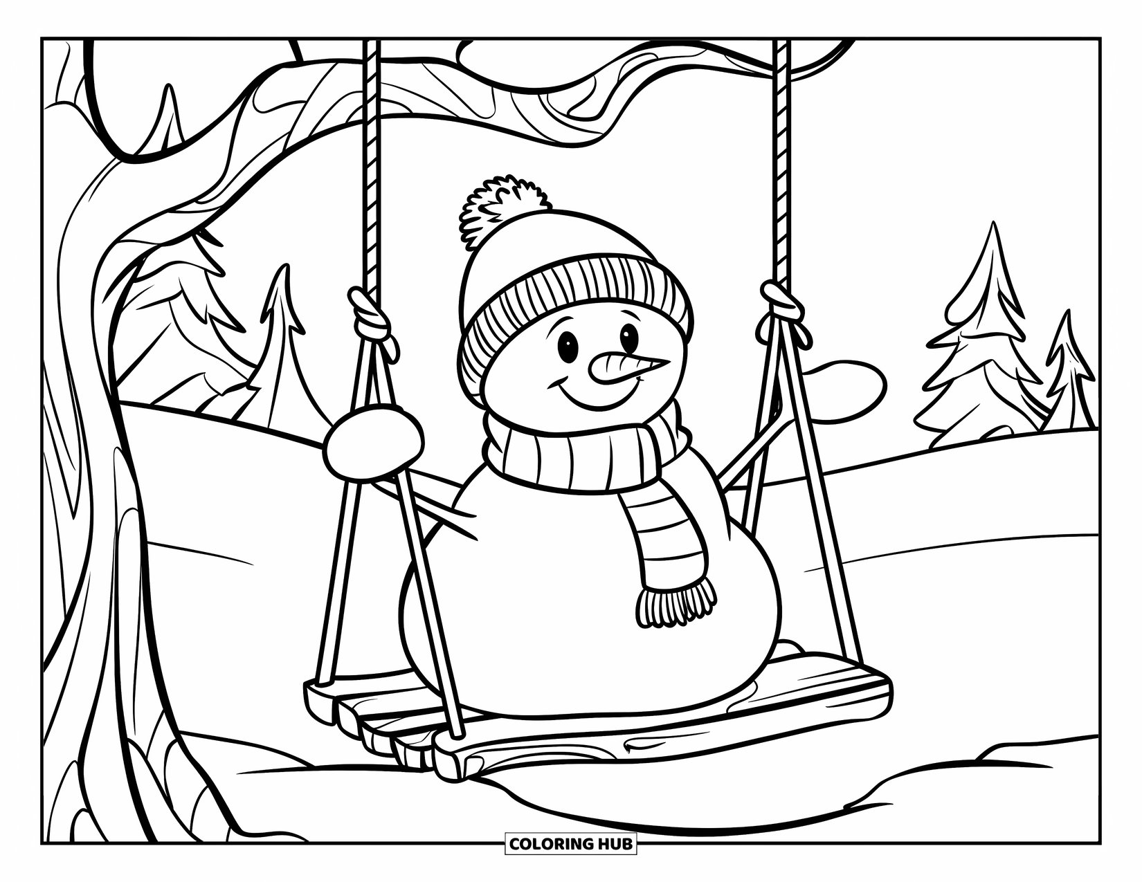 Kolorowanka z bałwanem dla dzieci: Bałwan w ciepłej dzianinowej czapce cieszy się huśtawką pod drzewem, otoczony spokojnym zimowym krajobrazem