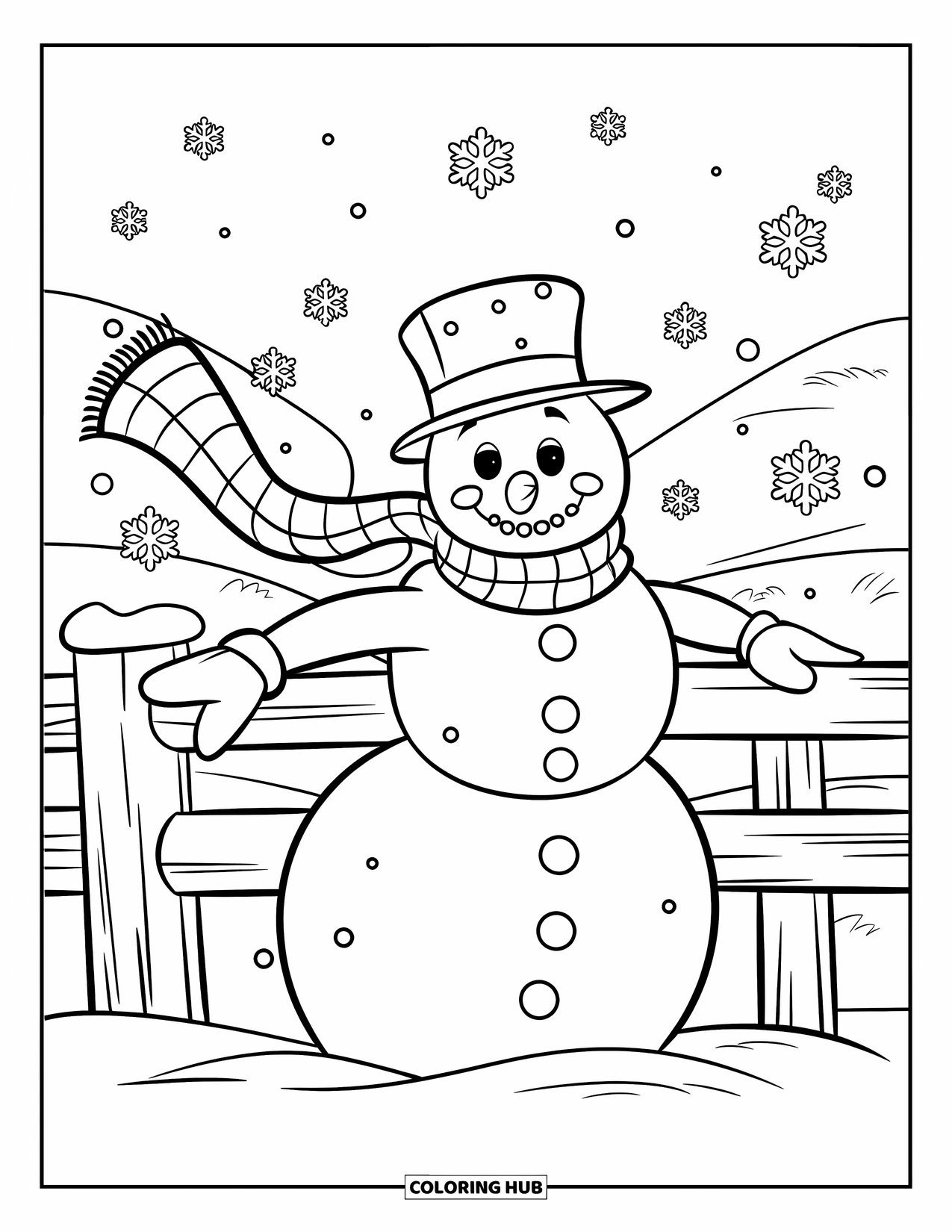 Kolorowanka z bałwanem dla dzieci: Stylowy bałwan opiera się wiatrowi, a jego długi szalik powiewa, gdy płatki śniegu tańczą wokół