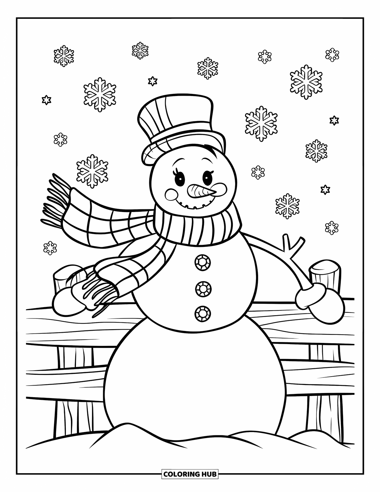 Kolorowanka z bałwanem dla dzieci: Stylowy bałwan w długim szaliku opiera się o drewniany płot, a wokół wirują płatki śniegu