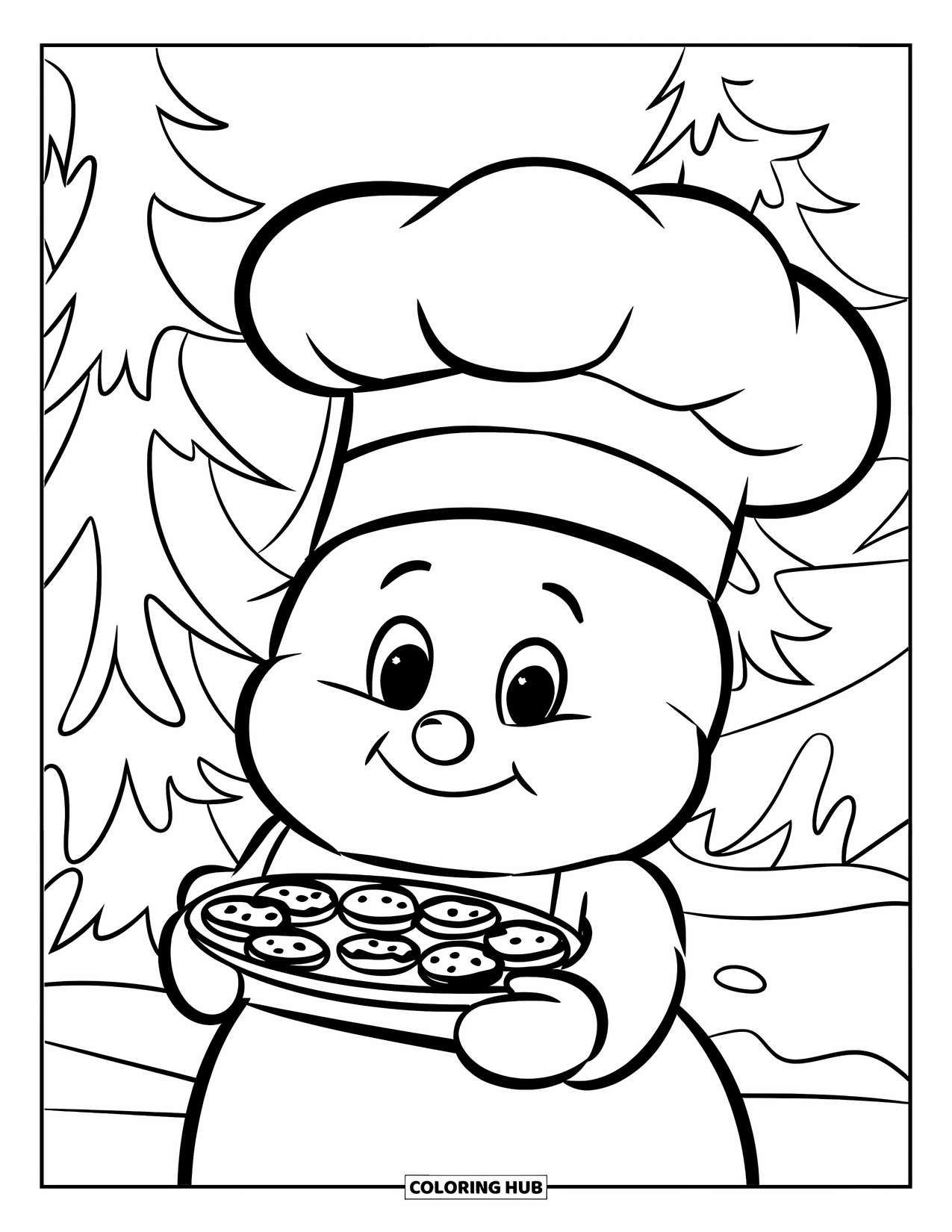 Kolorowanka z bałwanem dla dzieci: Mały bałwan w czapce kucharskiej i z tacą ciasteczek uśmiecha się w przytulnej zimowej scenerii