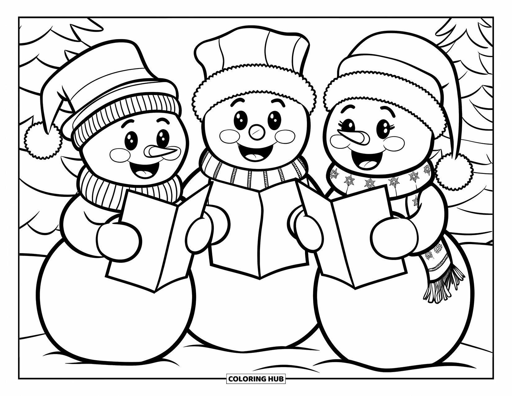Kolorowanka z bałwanem dla dzieci: Trzy radosne bałwany trzymają arkusz nut, śpiewając kolędy obok udekorowanej choinki