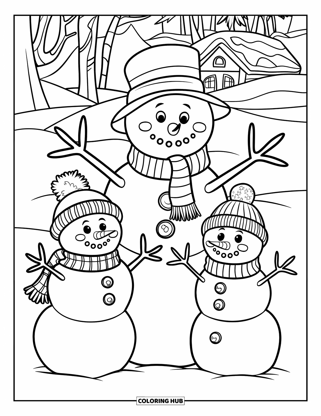 Kolorowanka z bałwanem dla dzieci: Trzy wesołe bałwany w unikalnych zimowych czapkach i szalikach stoją razem w zaśnieżonym krajobrazie