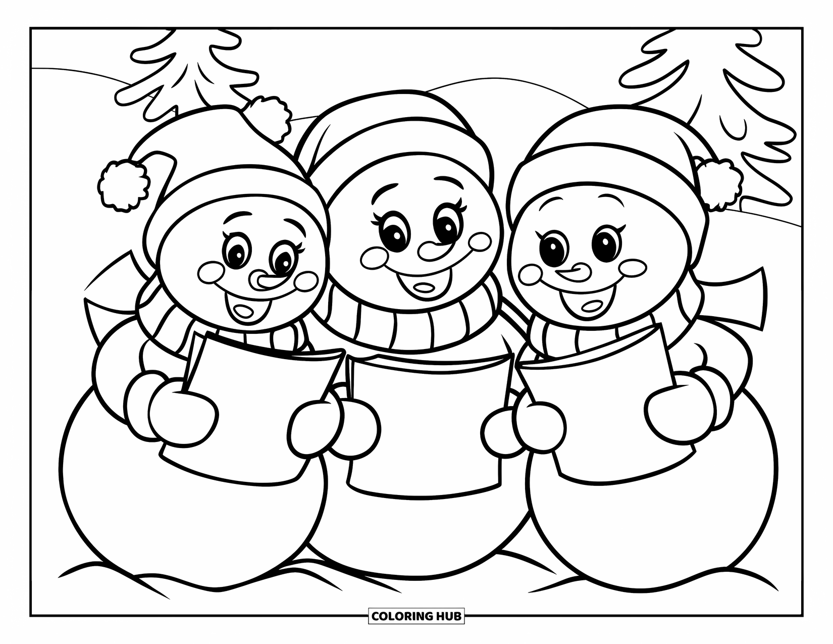 Kolorowanka z bałwanem dla dzieci: Trzy urocze bałwanki z ekspresyjnymi twarzami śpiewają kolędy, trzymając arkusz nut, otoczeni drzewami