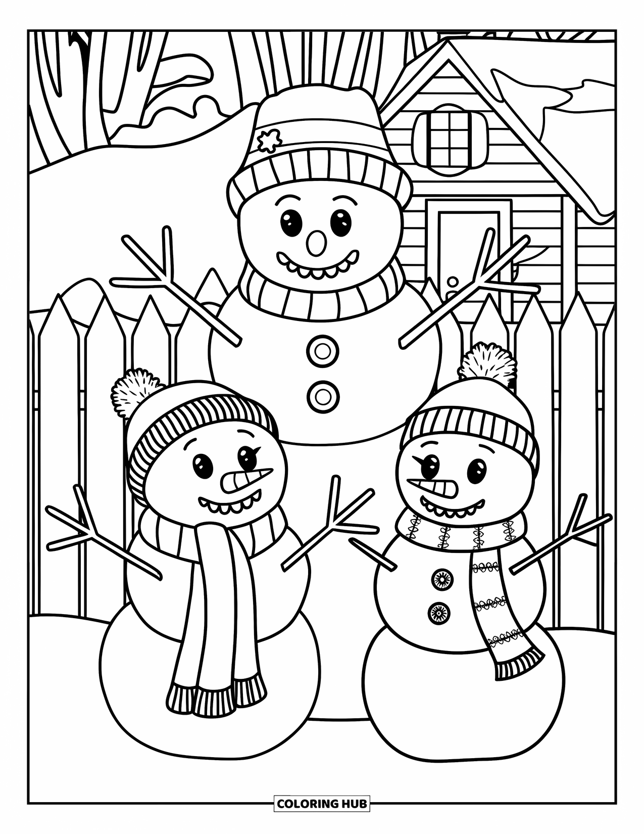 Kolorowanka z bałwanem dla dzieci: Trzy wesołe bałwany różnej wielkości stoją obok drewnianego płotu, domu i zimowego drzewa
