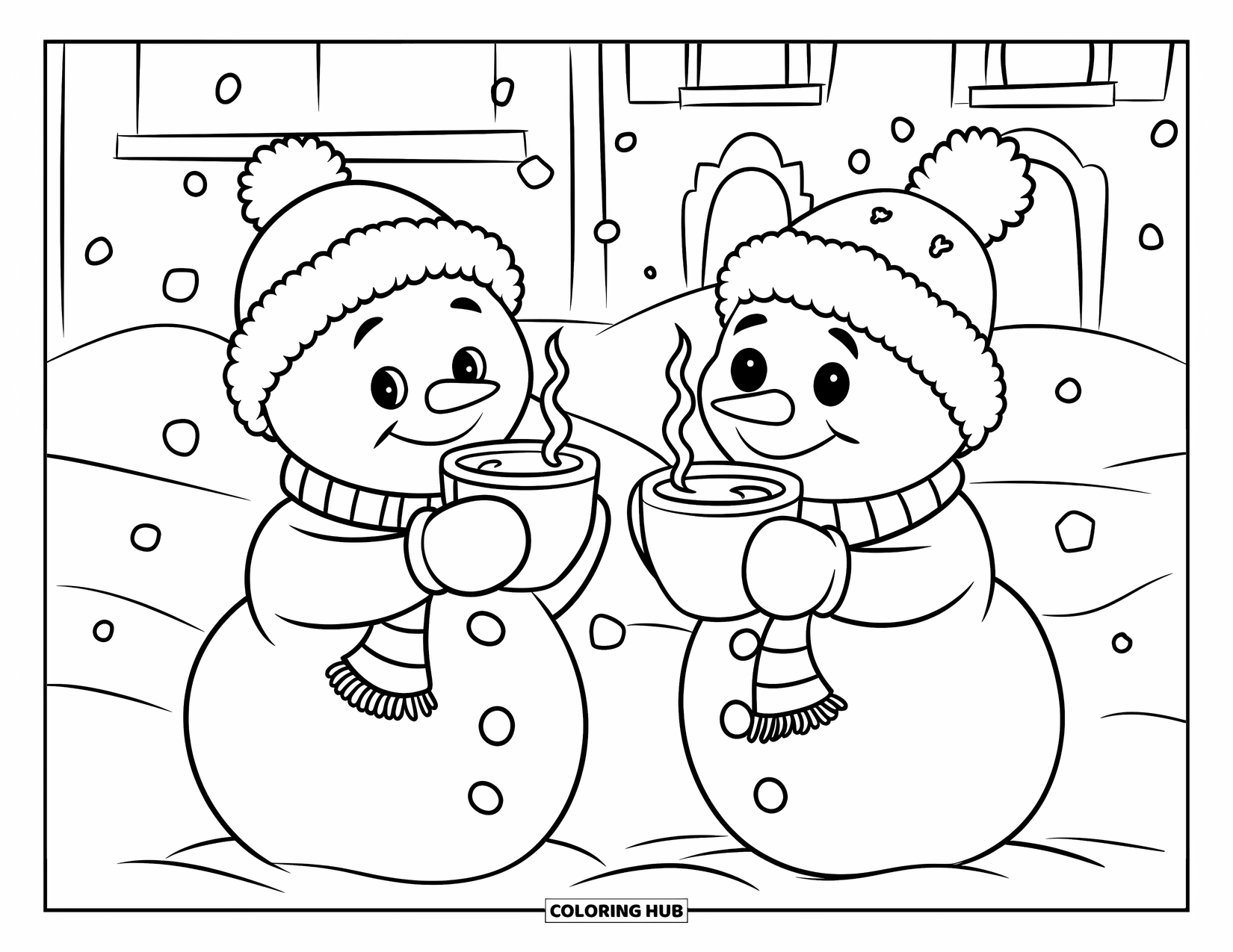Kolorowanka z bałwanem dla dzieci: Dwa szczęśliwe bałwany w świątecznych czapkach delektują się ciepłym kakao w śnieżnym krajobrazie z przytulnym domkiem w tle