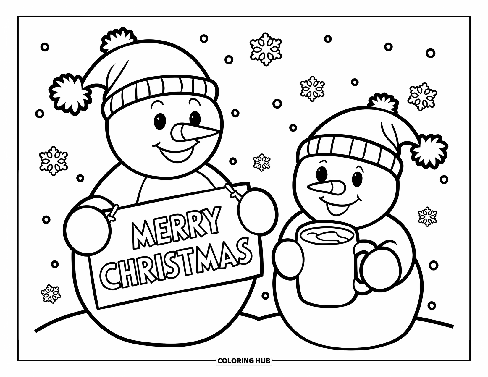 Kolorowanka z bałwanem dla dzieci: Dwa bałwany w czapkach z dzwoneczkami dzielą się gorącym kakao, a wokół nich spadają płatki śniegu