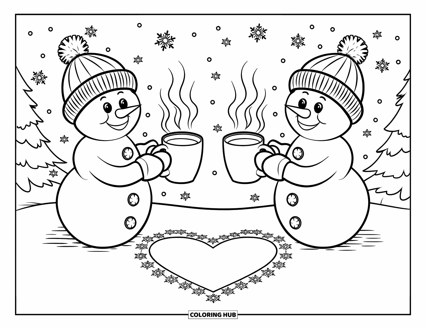 Kolorowanka z bałwanem dla dzieci: Dwa bałwany z parującymi kubkami kakao stoją razem, ze śladem w kształcie serca w śniegu