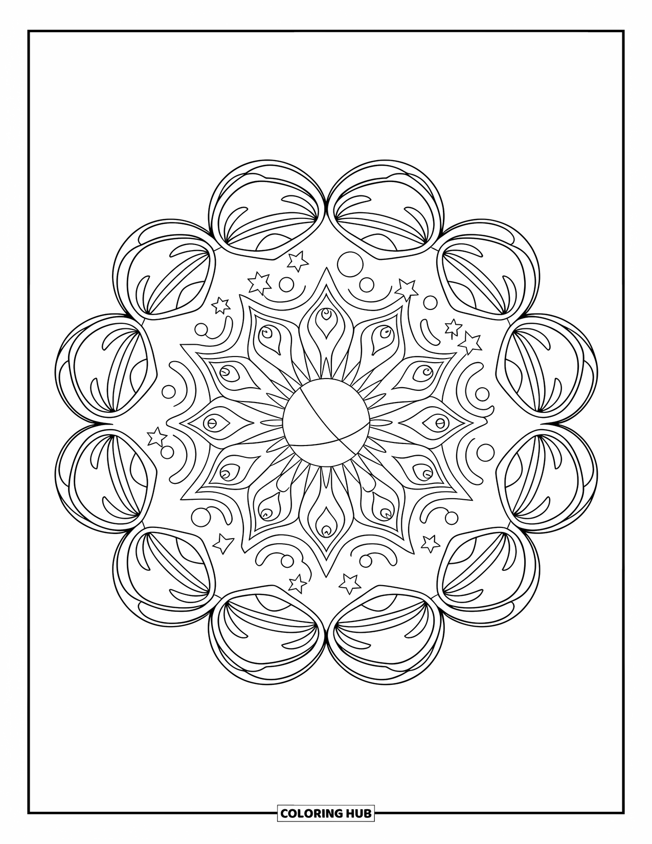 Ruimte Kleurplaat voor Volwassenen: Een prachtig ingewikkelde ruimtemandala versierd met sterren en hemelse motieven