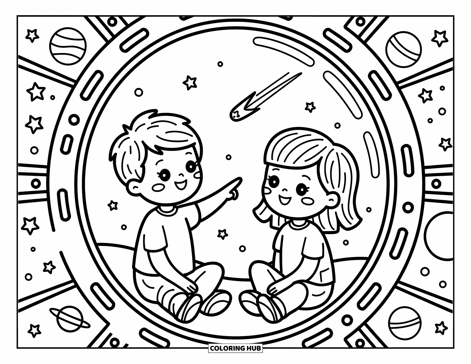 Ruimte Kleurplaat voor Volwassenen: Een jongen en een meisje kijken vol verwondering naar een vallende ster vanuit hun gezellige ruimteschip