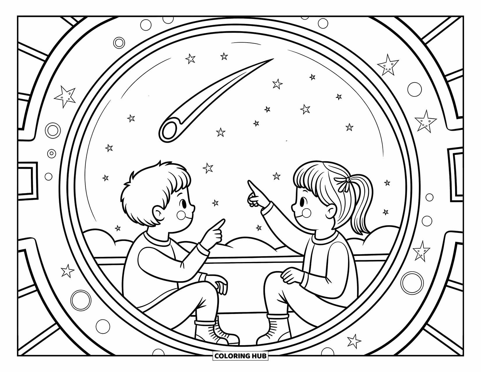 Ruimte Kleurplaat voor Volwassenen: Een jongen en een meisje in een ruimteschip kijken met grote ogen naar een vallende ster