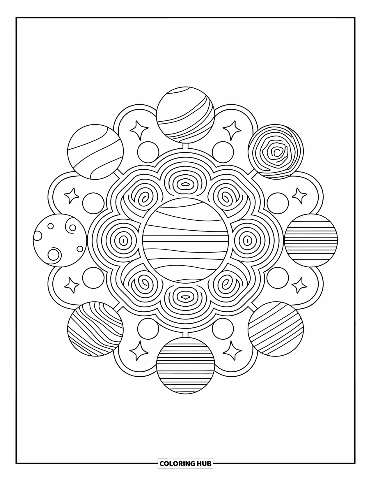 Ruimte Kleurplaat voor Volwassenen: Een hemelse mandala met planeten, sterren en wervelende kosmische patronen