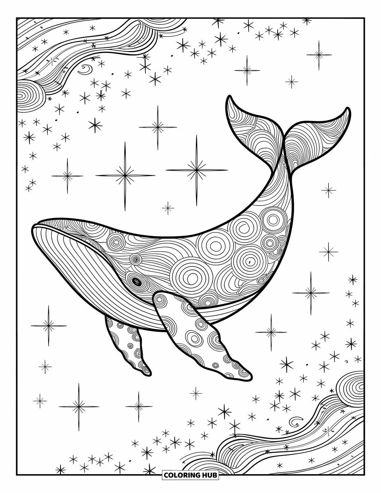 Ruimte Kleurplaat voor Volwassenen: Een kosmische walvis glijdt sierlijk door een sterrenhemel