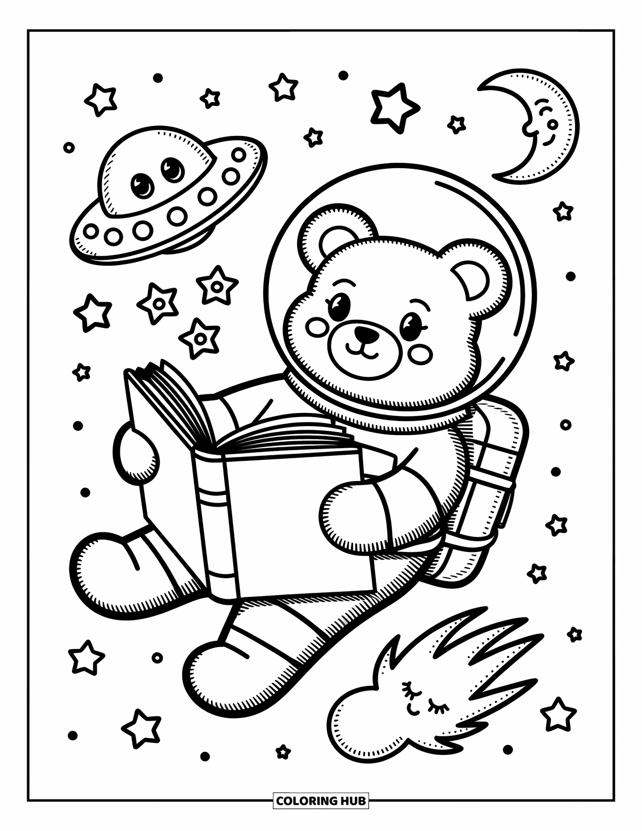 Ruimte Kleurplaat voor Volwassenen: Een gezellige berenastronaut drijft door de ruimte, omringd door fonkelende sterren