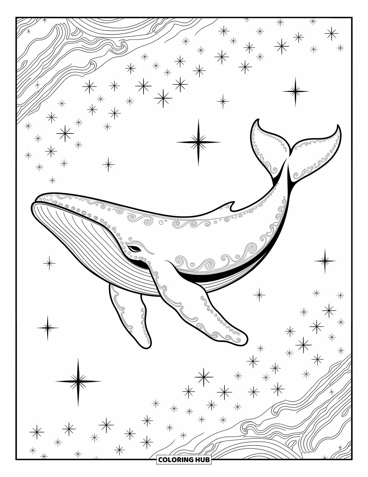 Ruimte Kleurplaat voor Volwassenen: Een dromerige ruimtewalvis die door een lucht van sterren en sterrenstelsels zweeft