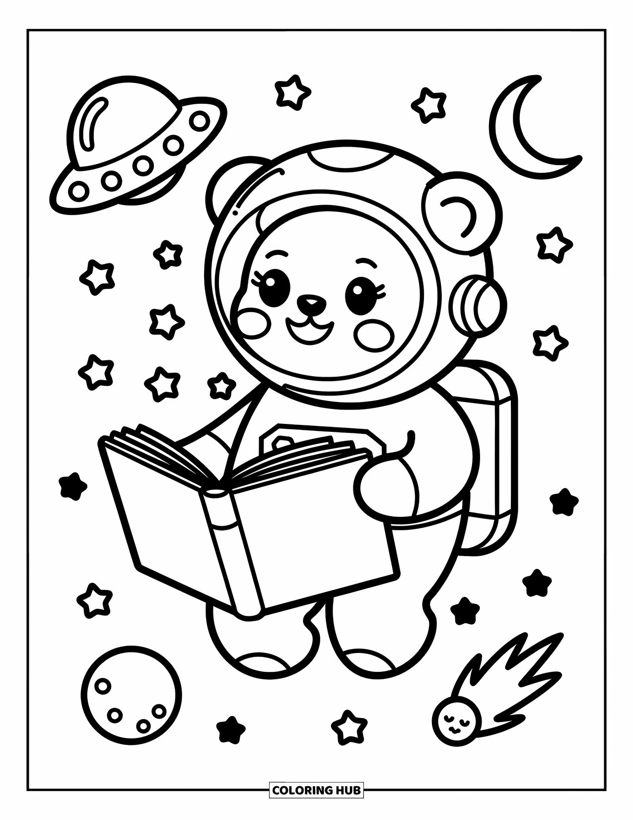 Ruimte Kleurplaat voor Volwassenen: Een donzige berenastronaut zweeft in de ruimte en leest een boek vol sterrenletters