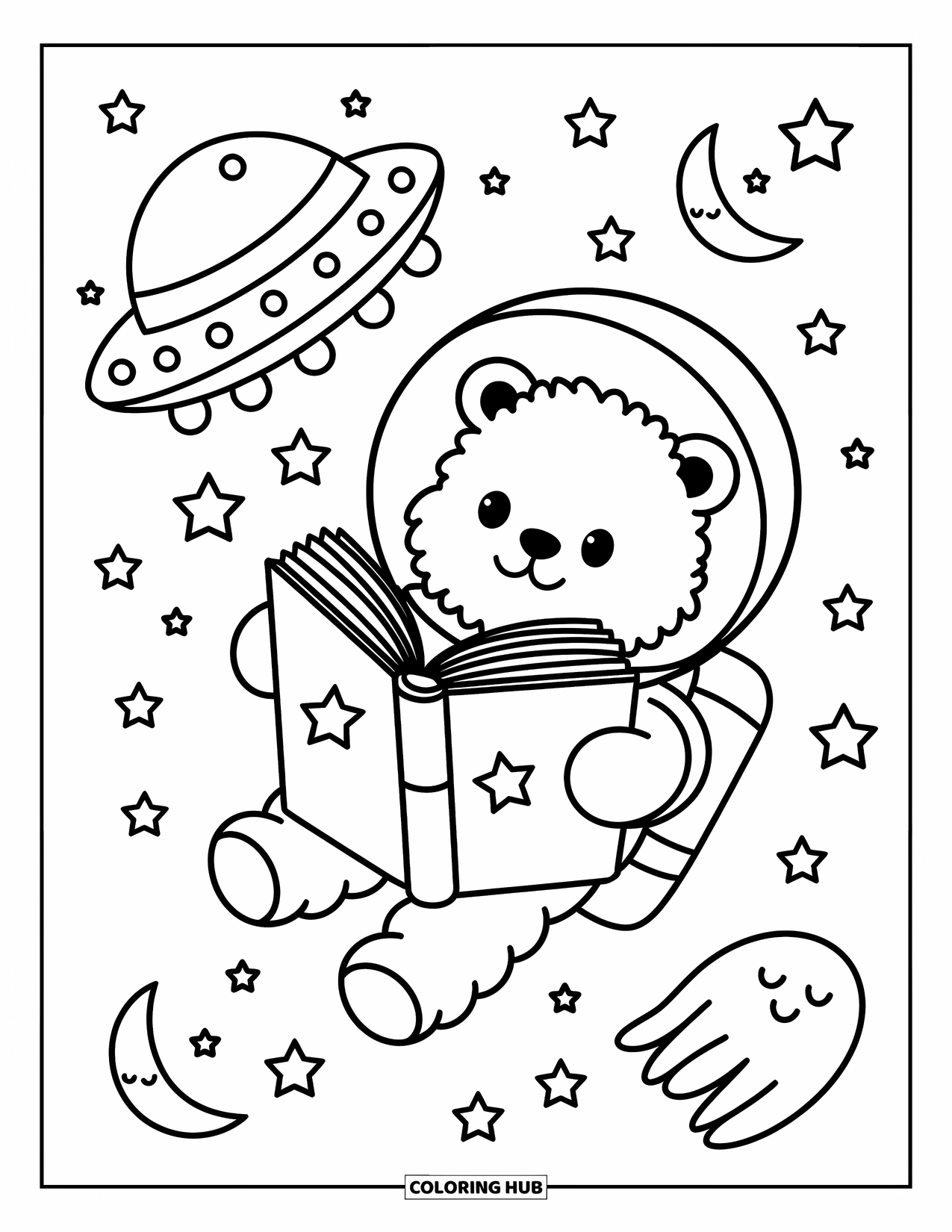 Ruimte Kleurplaat voor Volwassenen: Een donzige ruimtebeer zweeft in de buurt van een vriendelijke UFO, verdiept in een boek met sterren