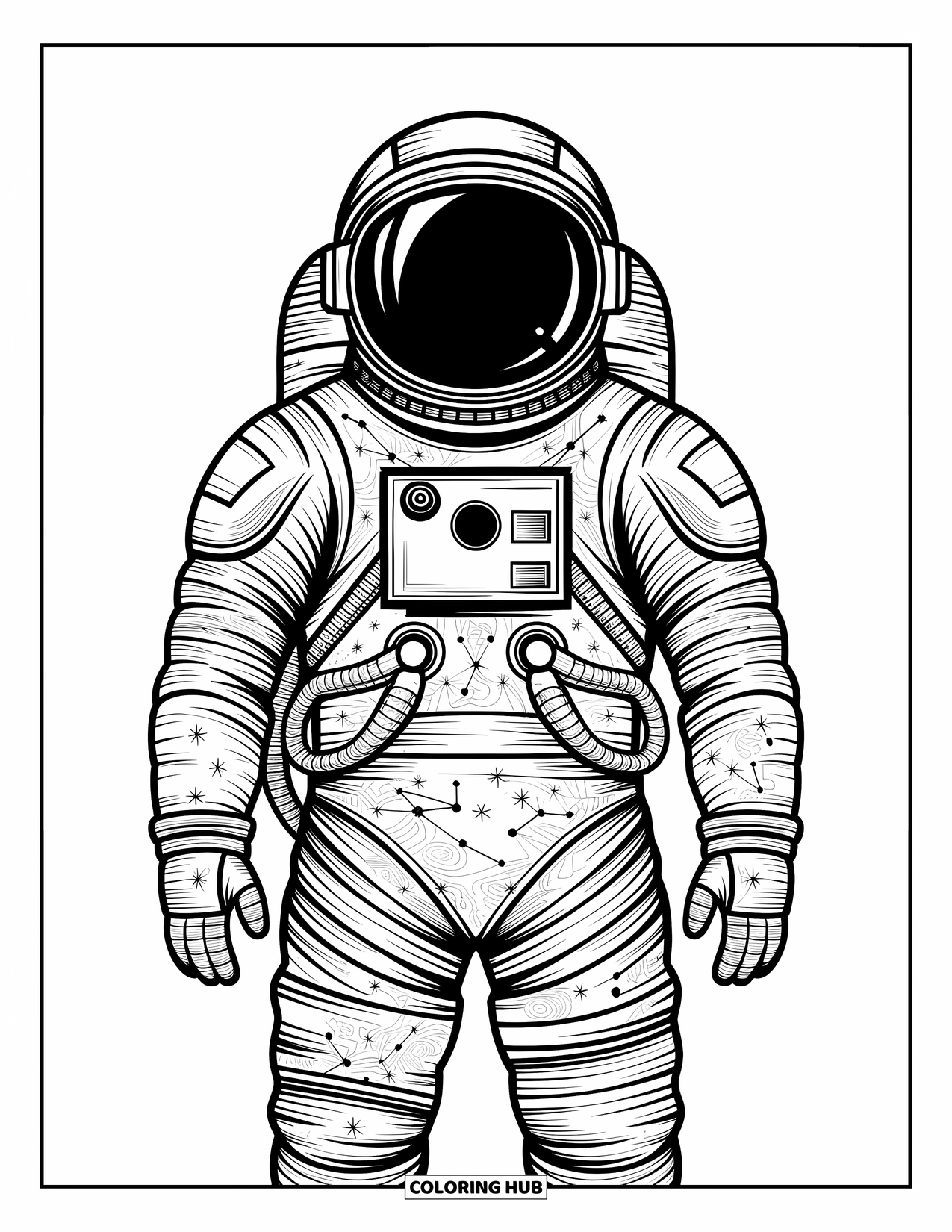 Ruimte Kleurplaat voor Volwassenen: Een futuristisch astronautenpak met ingewikkelde hemelse details en texturen