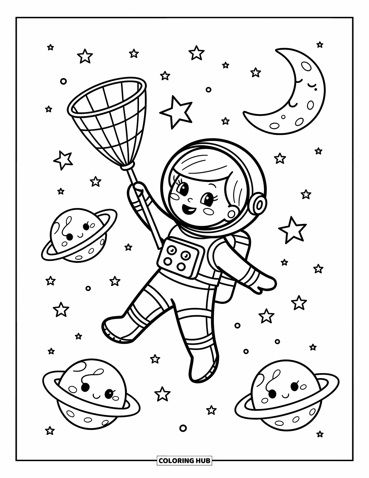 Ruimte Kleurplaat voor Volwassenen: Een astronautenmeisje reikt met haar net uit om een stralende ster te vangen