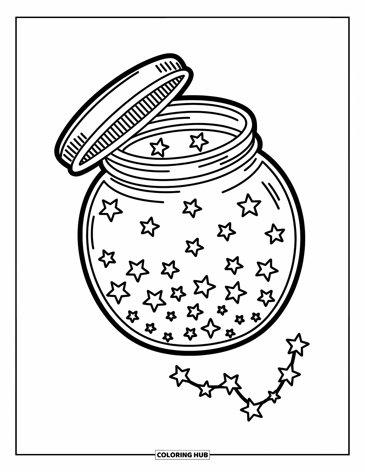 Ruimte Kleurplaat voor Volwassenen: Een pot gevuld met sterren drijft door de kosmos en laat een magisch spoor achter