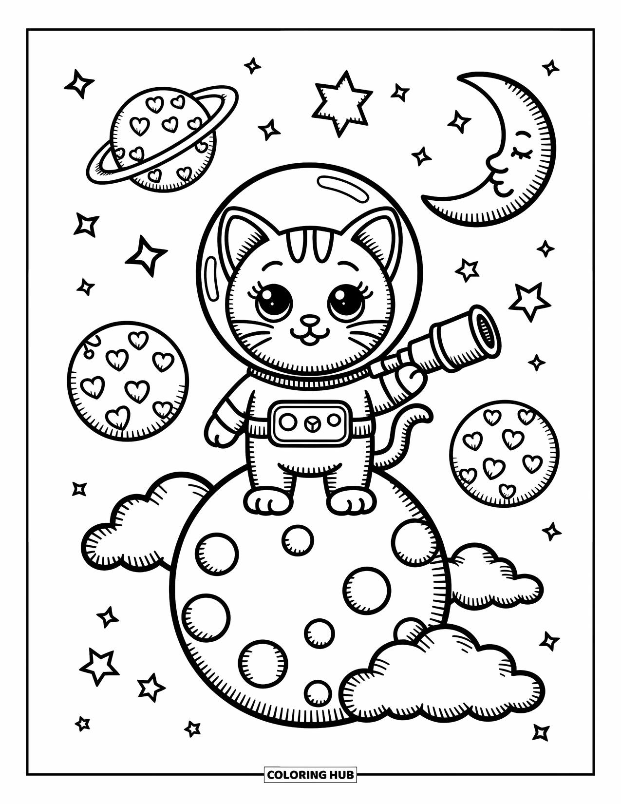 Ruimte Kleurplaat voor Volwassenen: Een kitten in een klein ruimtepak verkent een dromerige, in wolken gewikkelde planeet