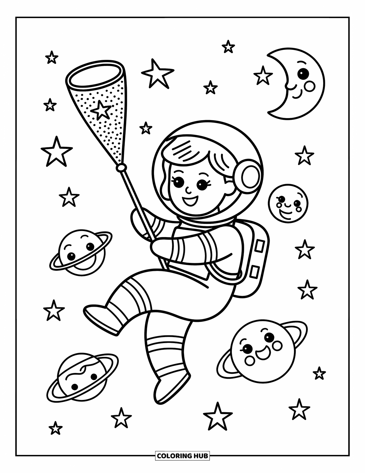 Ruimte Kleurplaat voor Volwassenen: Een klein astronautenmeisje zweeft tussen lachende planeten en verzamelt sterren