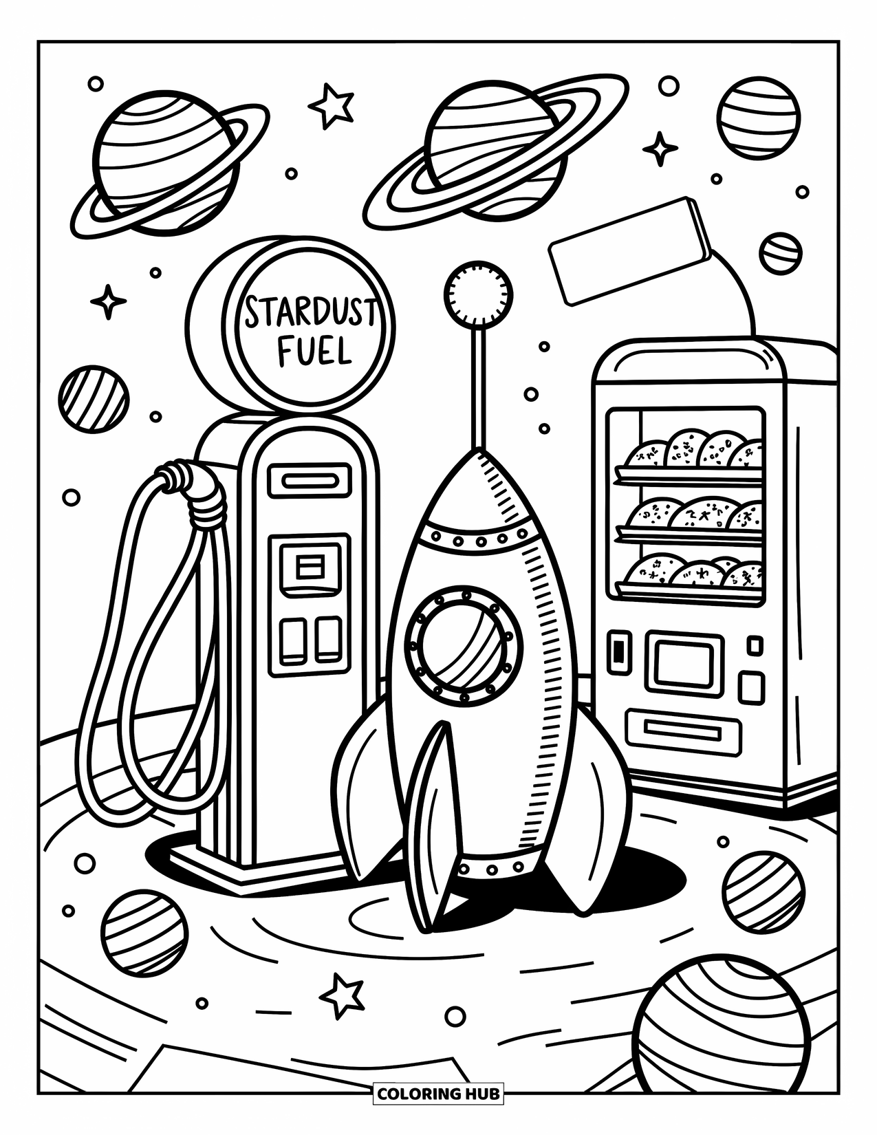 Ruimte Kleurplaat voor Volwassenen: Een kleine raket tankt bij een schattig kosmisch tankstation met het label ìStardust Fuel