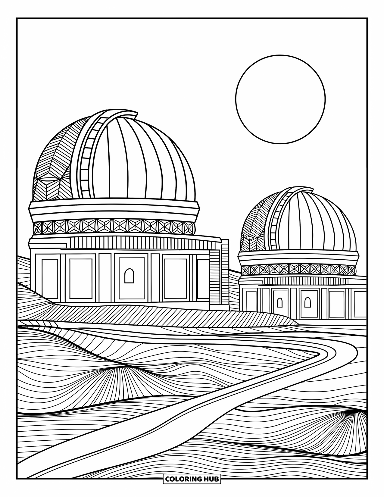 Ruimte Kleurplaat voor Volwassenen: Een maanverlicht ruimteobservatorium omringd door ingewikkelde hemelse patronen