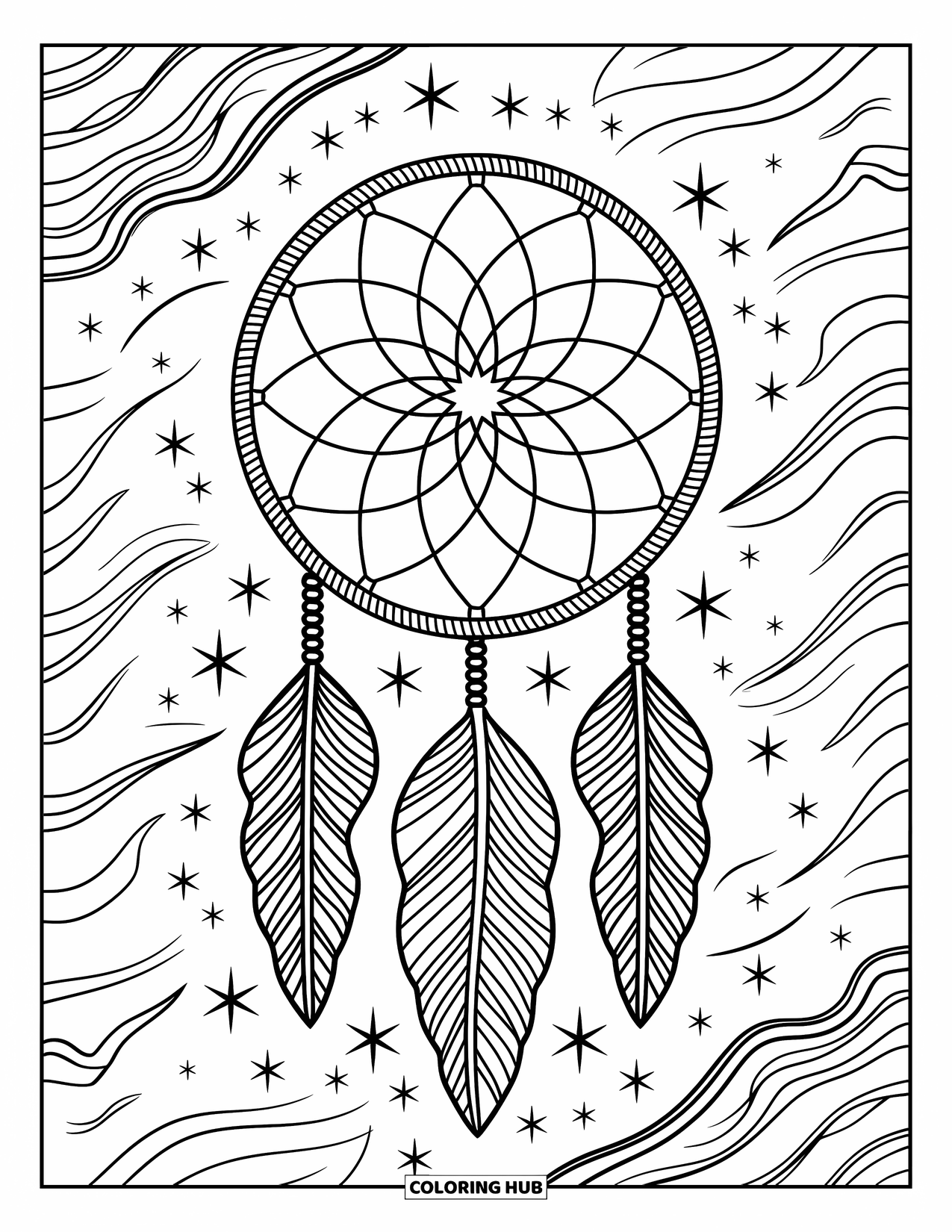 Ruimte Kleurplaat voor Volwassenen: Een mystieke dromenvanger versierd met sterrenbeelden en wervelende patronen