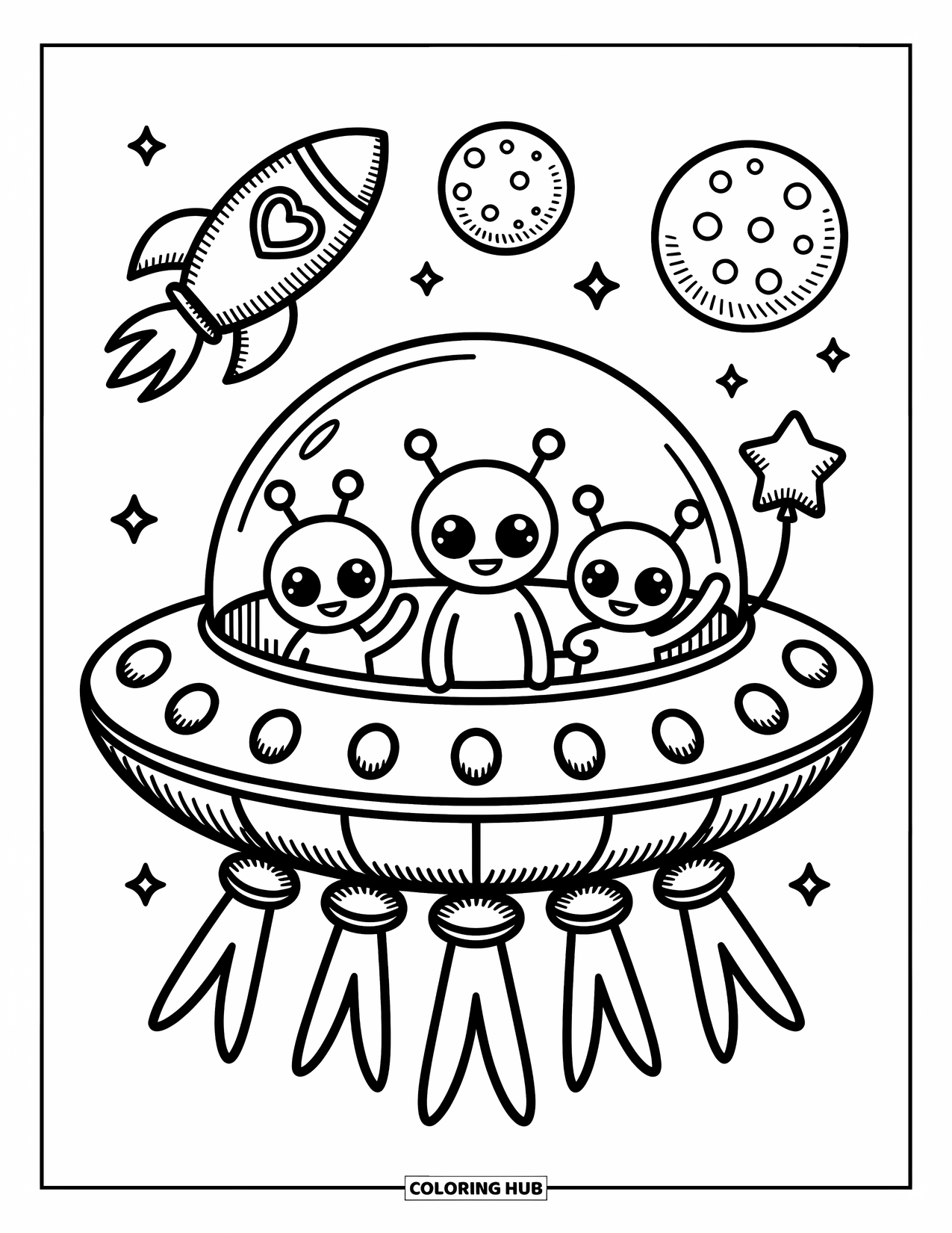 Ruimte Kleurplaat voor Volwassenen: Een ronde, vrolijke UFO draagt drie speelse aliens die naar de sterren zwaaien